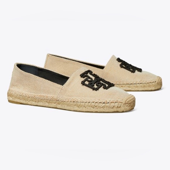 Tory Burch INES ESPADRILLE Canvas Natural/Black LOGO, Sz 9 - Picture 1 of 12